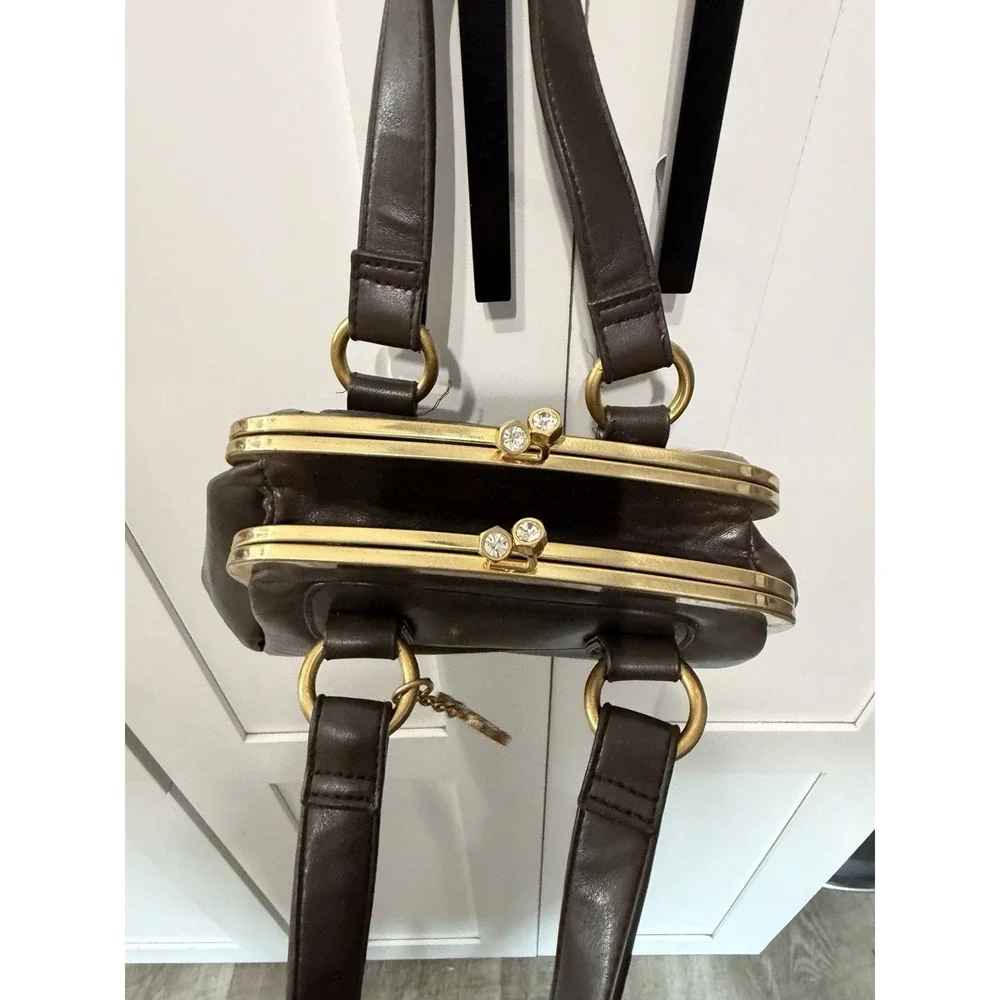 Vtg Necessary Objects Kiss Lock Brown Vegan Leather Handbag Purse